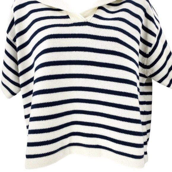 Tuckernuck NEW Ivory and Navy Stripe Claire Nautical Polo Crop Sweater Size L - Picture 5 of 10
